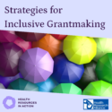 A purple box with inlaid image of many umbrellas of different colors, with text: Strategies for Inclusive Grantmaking