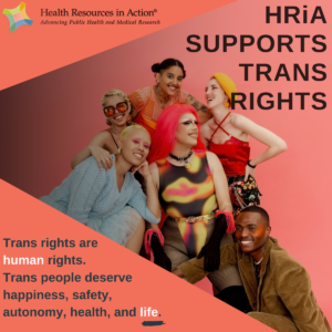 a diverse group of smiling people with text that reads "HRiA supports trans rights"