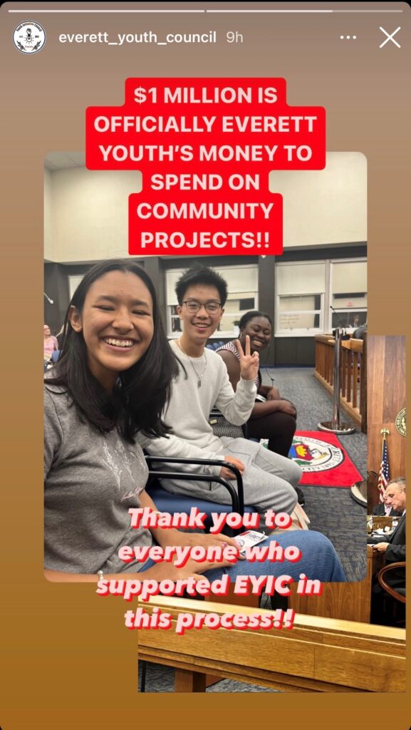 Screenshot of an Instagram story from an Everett based youth group sharing the news of their $1 million allocation