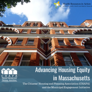 a brownstone building with a blue box that says "Advancing Housing Equity in Massachusetts"