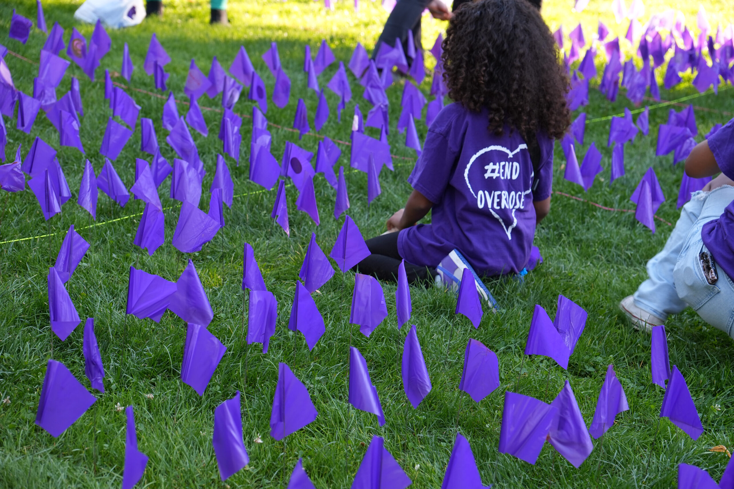 A child kneeling among purple memorial flags at the International Overdose Awareness Day event in Boston Common